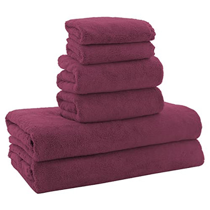 MOONQUEEN Ultra Soft Microfiber Coral Velvet Towel Set - Quick Drying, 2 Bath Towels, 2 Hand Towels, 2 Washcloths - Burgundy, 6 Pcs - color: Burgundy