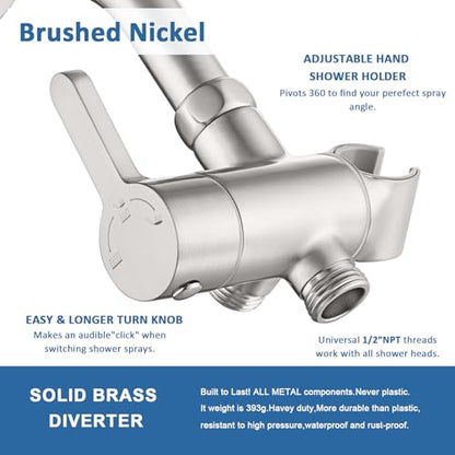 3 Way Shower Diverter Valve with Hand Shower Holder, G1/2 Shower Head Splitter, Shower Arm Diverter, Bathroom Universal Shower System Replacement Part (Brushed) - color: Brushed