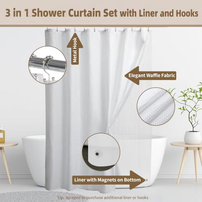 Siiluminisoy Shower Curtain with Liner, Waffle Shower Curtain Set with 12 Stainless Steel Hooks, Waterproof, Machine Washable, Luxury Fabric Shower Curtains for Apartment, White, 72" W x 72" H - color: Awhite, size: 72"W x 72"L (Pack of 1)
