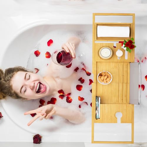 Banlilu Premium Natural Bamboo Expandable Bathtub Tray Caddy, Luxury Spa-Like Experience, Adjustable, Sturdy, Non-Slip, Foldable - color: Premium Natural