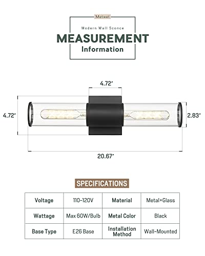 2-Pack Black Bathroom Vanity Light Fixtures, Clear Glass Shades | 2-light modern bathroom wall sconces, vertical or horizontal mount, E26 base, hardwired, bulbs not included, VL834-MB-2PK - color: Black-Clear Glass, 2-Pack