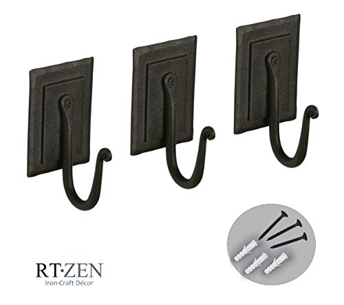 Wall Mount Hook Set - Wrought Iron Decorative Rustic Metal Coat Hooks for Hanging - Handcrafted Classic Farmhouse Wall Mounted Black Hooks for Towel Robe or Hat Hanging - 3 Pack - style: J-Hook Plate