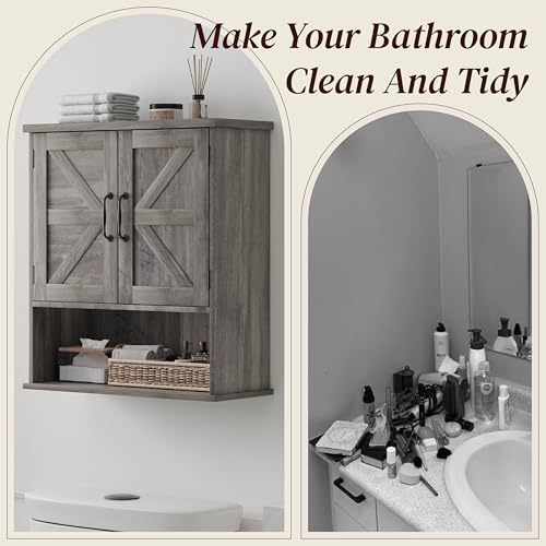 Smuxee Farmhouse Bathroom Cabinet Wall Mounted, Washed Grey Small Medicine Cabinet with Adjustable Shelf, Bathroom Cabinet for Living Room, Laundry Room - color: Washed Grey, size: Small