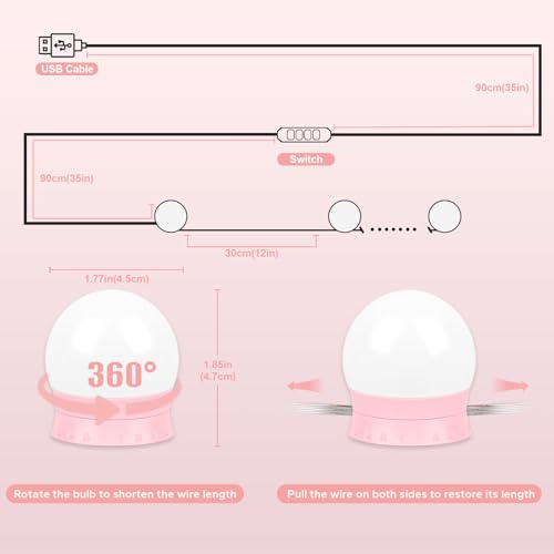 LED Vanity Lights For Mirror, Pink Vanity Light Stick on with 10 Bulbs | 3000K 4000K 6500K & 10 Level Brightness Adjustable USB Cable Hollywood Mirror Lights for Makeup Dressing Room Bathroom - size: 10 Lights (Pink)