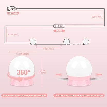 LED Vanity Lights For Mirror, Pink Vanity Light Stick on with 10 Bulbs | 3000K 4000K 6500K & 10 Level Brightness Adjustable USB Cable Hollywood Mirror Lights for Makeup Dressing Room Bathroom - size: 10 Lights (Pink)