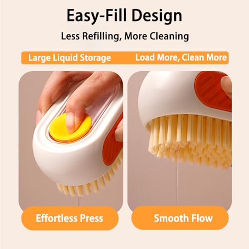 All-in-One Refillable Scrub Brush with Built-in Tank, Press to Dispense Solution for Multi-Surface Cleaning: Clothes, Shoes, Wheels, Kitchen, Bathroom. Hangable, Large Capacity, Dense PET Bristles