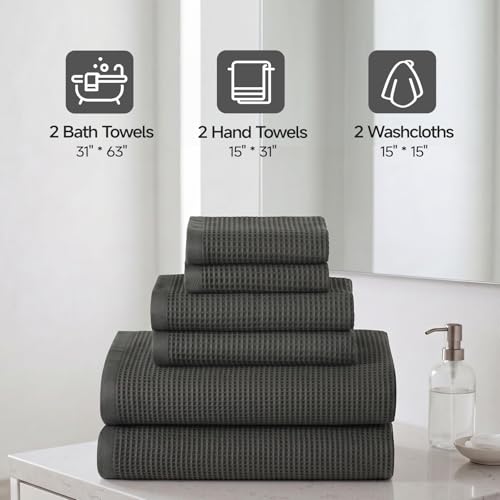 ecolook 6-Piece Waffle Towel Set, 100% Cotton Lightweight - Dark Gray | Absorbent & Quick-Drying, 2 Bath Towels (31×63 in), 2 Hand Towels, 2 Washcloths, Lint-Free for Bathroom, Pool, Gym, Travel - color: Dark Gray