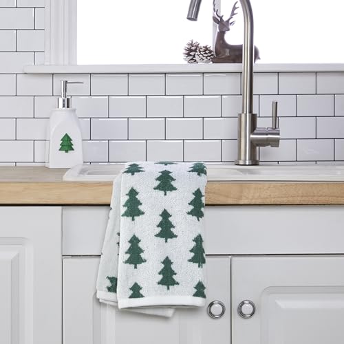 SKL Home Christmas/Winter Holiday Trees Hand Towel Set-2pc, Green/White | 100% Cotton. 500 GSM. Soft & absorbent. Reversible jacquard pattern. Great for the bathroom, kitchen or bar & gifting. - color: Holiday Trees, style: Hand Towel Set