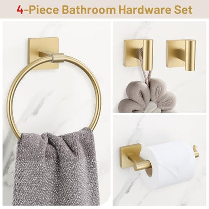 Towel Ring Set 4 Piece Bathroom Hardware Set Includes Towel Ring 2 Towel Hooks and Toilet Paper Holder Stainless Steel Wall Mounted (Brushed Gold) - color: Brushed Gold, size: Set C
