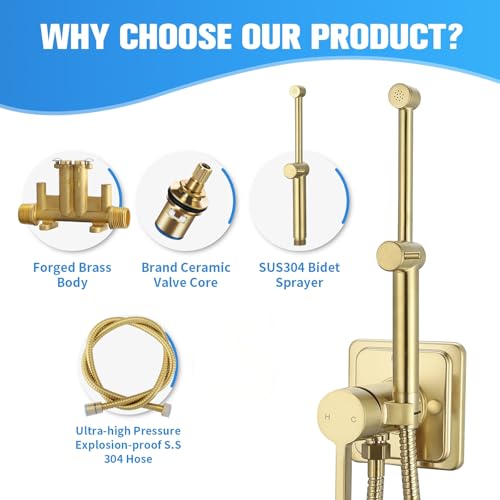 Brushed Gold Handheld Warm Water Bidet Sprayer Mounted on the Wall, Concealed Hot and Cold Bidet Sprayer with Mixing Valve for Toilet - color: Brushed Gold