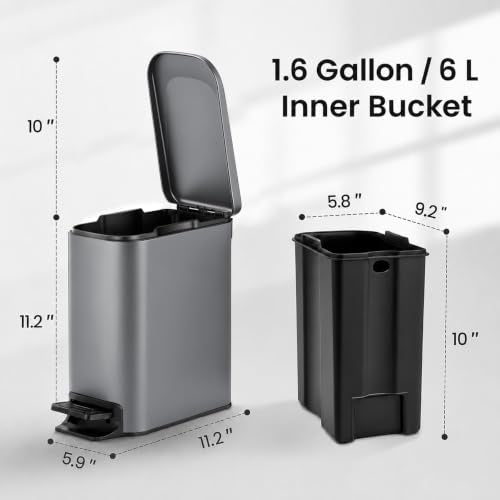 TIPGO Slim Bathroom Trash Can with Lid Soft Close, 6 Liter / 1.6 Gallon Stainless Steel Garbage Can with Removable Inner Bucket, Step Pedal, Small Trash Cans for Bedroom, Office, Kitchen (Grey) - color: Grey