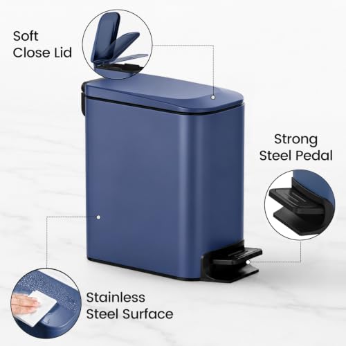 TIPGO Slim Bathroom Trash Can with Lid Soft Close, Step Pedal, 6 Liter / 1.6 Gallon Stainless Steel Trash Bin, Small Garbage Can for Bedroom, Office, Kitchen (Navy Blue) - color: Navy Blue