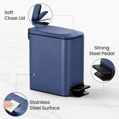 TIPGO Slim Bathroom Trash Can with Lid Soft Close, Step Pedal, 6 Liter / 1.6 Gallon Stainless Steel Trash Bin, Small Garbage Can for Bedroom, Office, Kitchen (Navy Blue) - color: Navy Blue