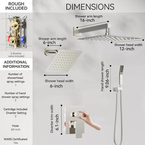 STARBATH Shower Faucet Set Shower System with Diverter Valve Brushed Nickel | 12 Inch Rain Shower Head, 6 Inch Wall Mount Shower Head and Handheld Spray for Two Person, Luxury Shower Sets Complete - color: Brushed Nickel, size: 12"+6"-01