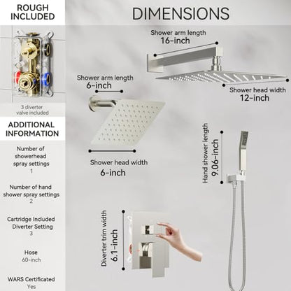 STARBATH Shower Faucet Set Shower System with Diverter Valve Brushed Nickel | 12 Inch Rain Shower Head, 6 Inch Wall Mount Shower Head and Handheld Spray for Two Person, Luxury Shower Sets Complete - color: Brushed Nickel, size: 12"+6"-01
