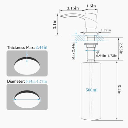Kitchen Sink Soap Dispenser Black Matt Built-in Dispenser, ABS Dispenser Pump 17 oz PET Bottle, Refill from Top - color: Black Matt, style: 17oz Bottle