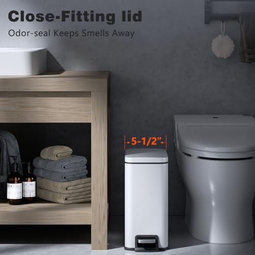 Slim Bathroom Trash Can with Lid Soft Close, 1.6 Gallon Stainless Steel Garbage Can with Removable Inner Bucket, Durable Step Pedal, Small Trash Bins for Toilet, Bedroom, Kitchen, Office - color: White, size: 1.6 Gallon