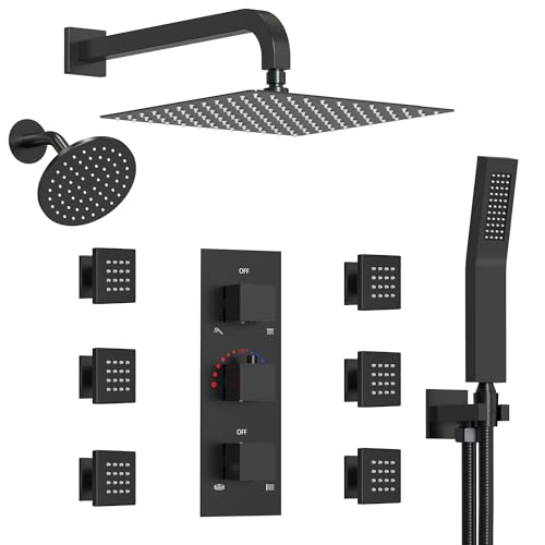 Wall Mount 12" High-Pressure Rainfall Shower Faucet, Dual Rainfall Shower Head System with 6 Body Jets (Matte Black) | Wall Mount, High-Pressure, Dual Rainfall Shower Head System, 6 Body Jets - color: Matte Black