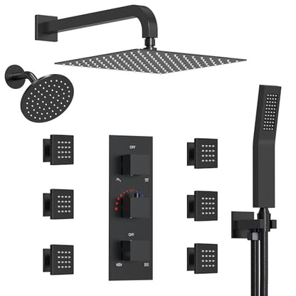 Wall Mount 12" High-Pressure Rainfall Shower Faucet, Dual Rainfall Shower Head System with 6 Body Jets (Matte Black) | Wall Mount, High-Pressure, Dual Rainfall Shower Head System, 6 Body Jets - color: Matte Black