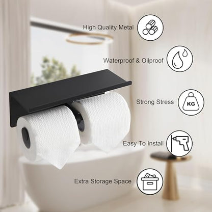 Black Toilet Paper Roll Holder with Shelf Wall Mounted for Bathroom (Black, Double Head) - color: Matte Black