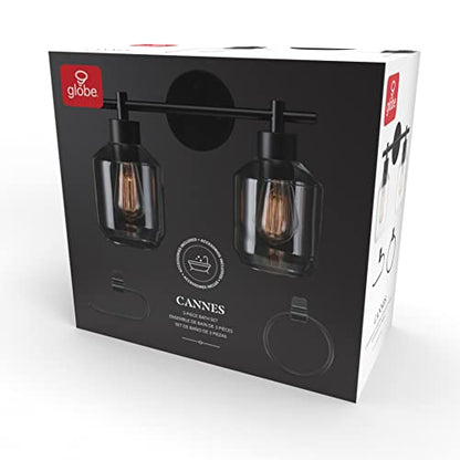 Globe Electric 3-Piece Powder Room Set, Matte Black, 2-Light Vanity with Clear Glass Shades and Matching Hardware, 51850 - color: Matte Black, Clear Glass, 2-Light
