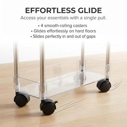 American Dream Home Chrome/Clear Acrylic Slim 3-Tier Rolling Cart Portable Narrow Storage Trolley with Wheels, Transparent Shelves for Bathroom, Kitchen, Office & Small Spaces - size: Medium