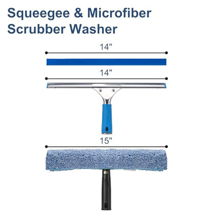 Professional Window Cleaning Kit, 14" Squeegee with 15" Scrubber | 14" Squeegee with 15" Microfiber Scrubber, Window Cleaning Tool for Home, Window Washing Equipment Commercial & Household Use