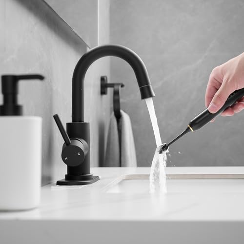 Black Bathroom Sink Faucet with Pull Out Sprayer for 1 Hole,Bar Sink with Pop-Up Drain,Single Handle Small Kitchen Faucet with 4 in Deck Plate,360°Swivel Faucet for Farmhouse Vanity - color: Black, style: Pull out-R