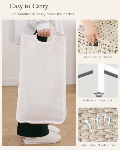 SETVSON Laundry Hamper with Lid,Clothes Hamper with Lid,132 L, Light Khaki | 35 Gallons, Handwoven Rattan Laundry Hamper, Metal Heightened Feet, 3 Removable Liner Bags for Laundry - color: Light Khaki, size: 132 L - 35 gal
