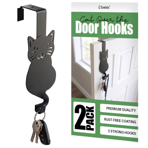 Evelots Over The Door Cat Hooks - 2 Pack - Strong Metal Kitty Decoration - Perfect for Coats, Handbags, Hats, Towels, Wreath Hanger Etc. - Hold up to 20 Pounds - Easy to Install - Rust Free - size: 2 Pack, style: Sitting Cat Design