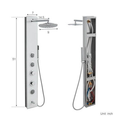 4-in-1 Glass Shower Panel Tower System Stainless Steel White | 51 inch shower panel l 9" rain shower head | 3 massage jets | Handheld shower | Tub spout | Glass + steel design | Wall mount - style: Round Shower