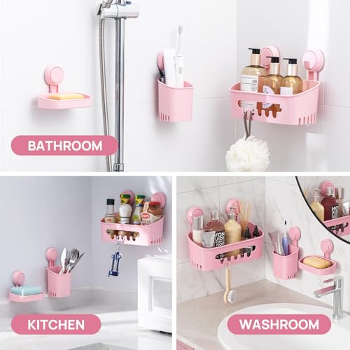 Shower Caddy Suction Cup Set Shower Organizer & Soap Holder, Pink | Toothbrush Holder, Bathroom Shelf Basket NO-Drilling, Removable Suction Storage, Waterproof Bathroom Caddy - color: 3 X Pink