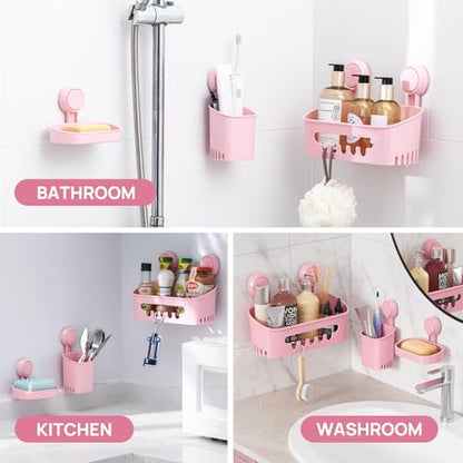 Shower Caddy Suction Cup Set Shower Organizer & Soap Holder, Pink | Toothbrush Holder, Bathroom Shelf Basket NO-Drilling, Removable Suction Storage, Waterproof Bathroom Caddy - color: 3 X Pink