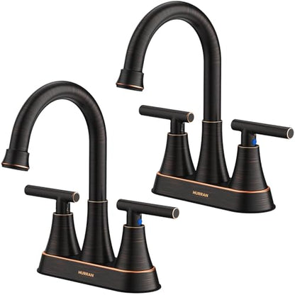 Bathroom Faucets, Hurran 4 inch Centerset 2-Handle Lead-Free, ORB | Bathroom Sink Faucet with Pop-up Drain and Supply Lines, Stainless Steel Faucet for Vanity RV Restroom Laundry, 2 Pack - color: Oil Rubbed Bronze X 2
