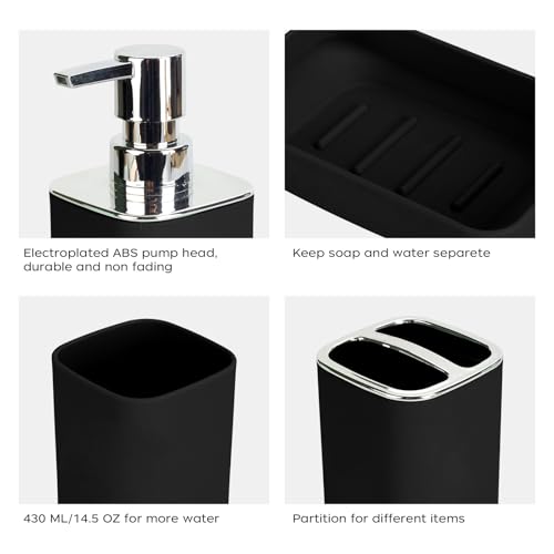 4Pcs Black Bathroom Set, Square Boho Soap & Toothbrush Holder Set | Thick shatterproof ABS, electroplated rust-proof pump, drip-free, multi-slot holder, dustproof lids, easy-clean - color: Black, size: 4PCS