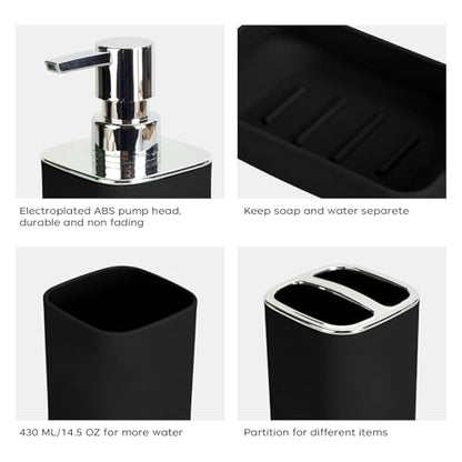 4Pcs Black Bathroom Set, Square Boho Soap & Toothbrush Holder Set | Thick shatterproof ABS, electroplated rust-proof pump, drip-free, multi-slot holder, dustproof lids, easy-clean - color: Black, size: 4PCS