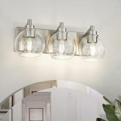 Bathroom Light Fixtures, 3-Light Brushed Nickel Vanity Light, Modern Wall Sconces with Globe Clear Glass Shade, Vanity Lighting Fixtures Over Mirror, VL195-BN-CL-3 | 18" modern bathroom light fixtures over mirror, E26 base, bulbs not included, VL195-BN-CL