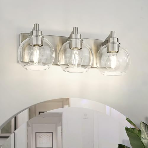 Bathroom Light Fixtures, 3-Light Brushed Nickel Vanity Light, Modern Wall Sconces with Globe Clear Glass Shade, Vanity Lighting Fixtures Over Mirror, VL195-BN-CL-3 | 18" modern bathroom light fixtures over mirror, E26 base, bulbs not included, VL195-BN-CL