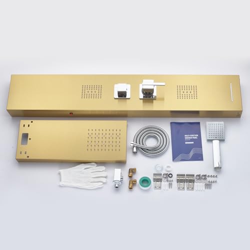 5-in-1 LED Shower Panel Tower System Stainless Steel Gold | Rainfall head | 2 massage jets | Handheld shower | Tub spout | LED lights | Wall mount - color: Gold