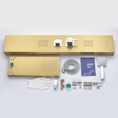 5-in-1 LED Shower Panel Tower System Stainless Steel Gold | Rainfall head | 2 massage jets | Handheld shower | Tub spout | LED lights | Wall mount - color: Gold