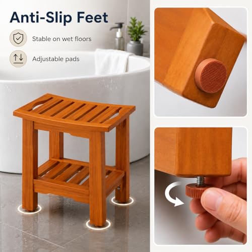 Simple Deluxe Teak Shower Bench, 18" Wood Shower Bench with Shelf, Waterproof Shower Stool for Inside Shower, Bath Chair for Bathroom, Tubs & Outdoor Use, 250LBS - size: 18"