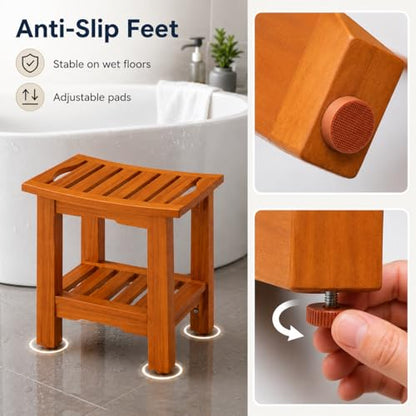 Simple Deluxe Teak Shower Bench, 18" Wood Shower Bench with Shelf, Waterproof Shower Stool for Inside Shower, Bath Chair for Bathroom, Tubs & Outdoor Use, 250LBS - size: 18"
