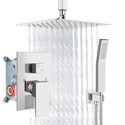 Aolemi Ceiling Mount Shower System Rain Shower Head with Handheld Spray High Pressure Shower Faucet Set Rough-in Valve Shower Trim Kit Included Bathroom Polish Chrome 8 Inch Ceiling Shower Head - color: Chrome, size: 8 Inch Ceiling Shower Head