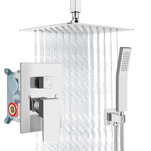 Aolemi Ceiling Mount Shower System Rain Shower Head with Handheld Spray High Pressure Shower Faucet Set Rough-in Valve Shower Trim Kit Included Bathroom Polish Chrome 8 Inch Ceiling Shower Head - color: Chrome, size: 8 Inch Ceiling Shower Head