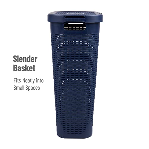 Mind Reader Slim Laundry Hamper with Lid, 40L Clothes Basket, Narrow Tapered Design with Ventilated Cutout Pattern, Plastic, Navy - color: Navy, size: Single