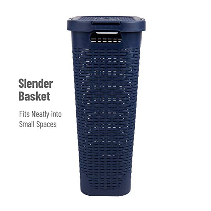 Mind Reader Slim Laundry Hamper with Lid, 40L Clothes Basket, Narrow Tapered Design with Ventilated Cutout Pattern, Plastic, Navy - color: Navy, size: Single