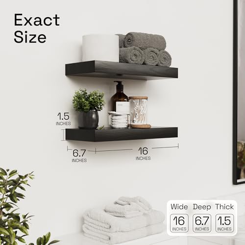 Solid Wood Floating Shelves For Wall 16 inch Black, Bathroom Wooden Shelf | Real Wood, Wall Mounted, Thick, Bedroom Kitchen Living Room, Black Finish, 16W x 6.7D Inch, Set of 2 - color: Black, size: 16 Inch