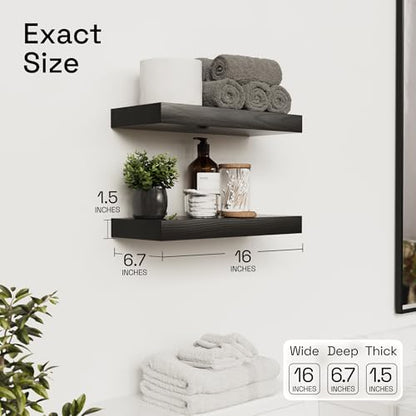 Solid Wood Floating Shelves For Wall 16 inch Black, Bathroom Wooden Shelf | Real Wood, Wall Mounted, Thick, Bedroom Kitchen Living Room, Black Finish, 16W x 6.7D Inch, Set of 2 - color: Black, size: 16 Inch