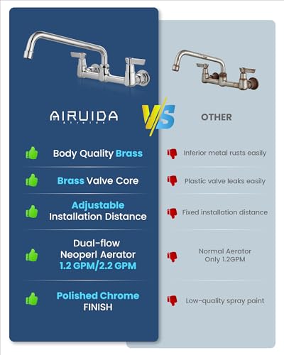 Airuida 8 Inch Chrome Polish Wall Mounted Kitchen Faucet with 12 Inch Spout | Commercial Sink Faucet,Dual Handles,Utility Sink Faucet,360° Swivel Spout - size: 12 Inches Spout