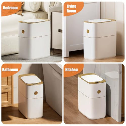 funest Smart Bathroom Trash Can with Lid, 3.6 Gallon Slim Motion Gold Sensor Garbage Bin with Inner Bucket, Trash Can with Lid Waterproof for Kitchen Office